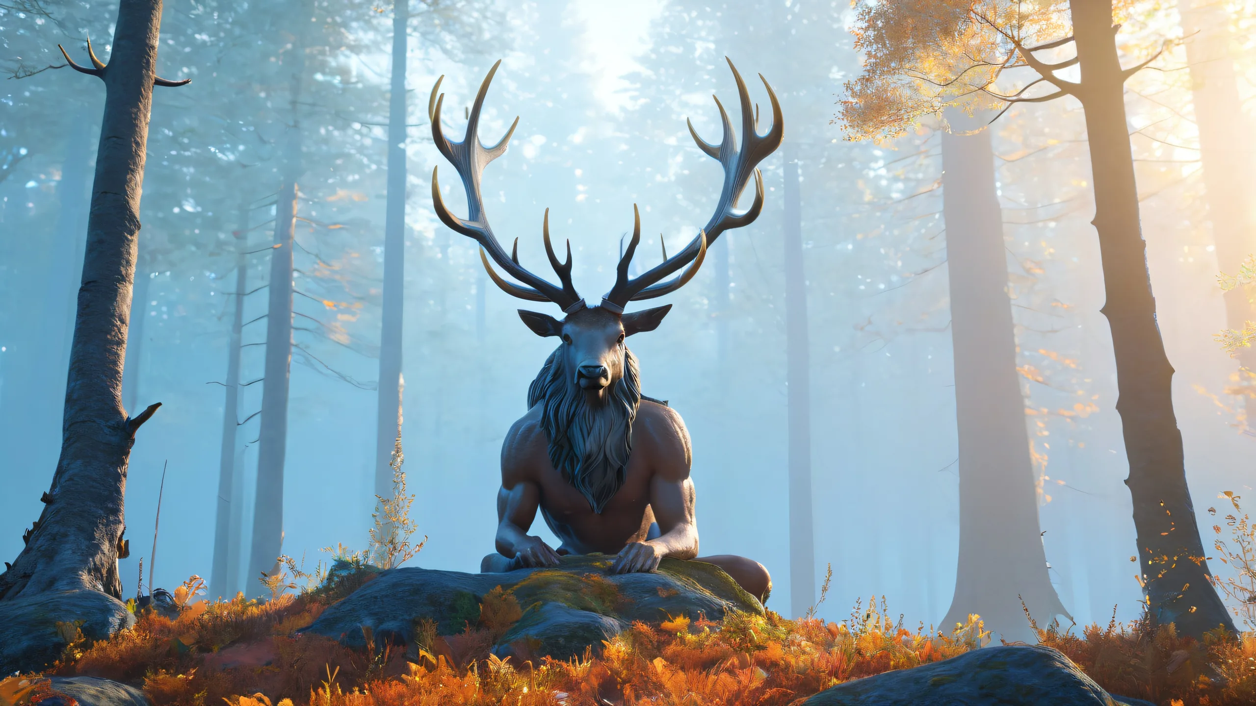 Moonlit Forest Guardian 4K UHD Wallpaper A majestic wendigo figure surrounded by misty fog and forest at dawn, glowing blue eyes, ancient magic, desktop/pc