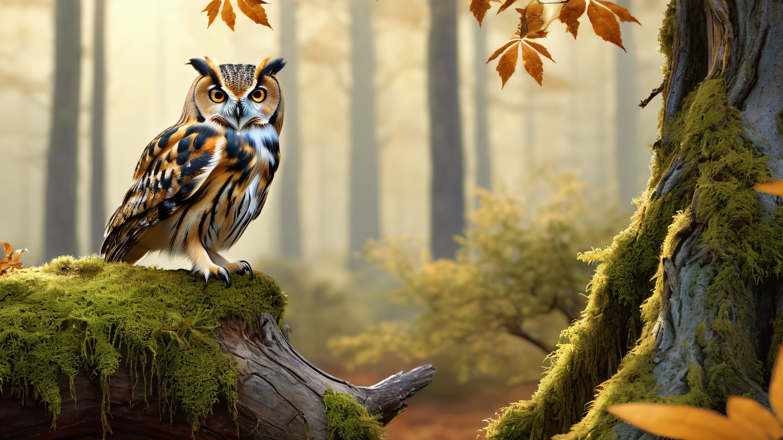A wise-eyed owl perched on an ancient tree trunk, gazing at a hiker's silhouette in the distance on a misty forest desktop/pc background.