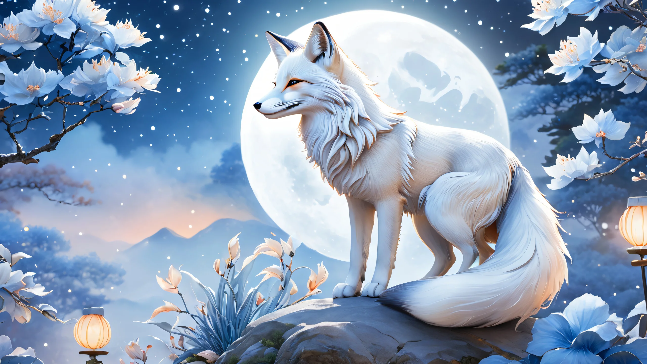 Epic Moonlit Fox Garden 4K Desktop Wallpaper Kitsune fox spirit surrounded by lush greenery and vibrant flowers under the soft glow of a silver moon.