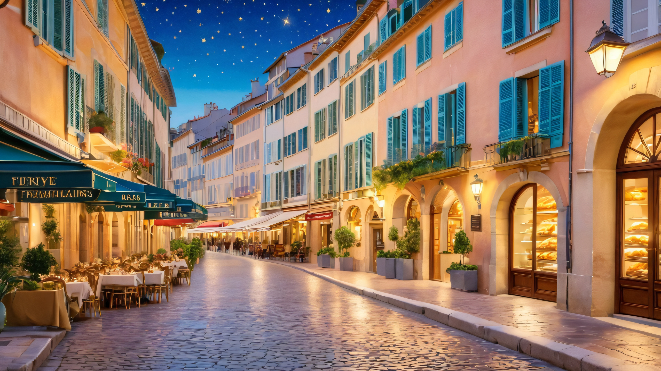 Aesthetic Moonlit French Riviera Charm Background A serene nighttime scene of a bustling French town square with ornate street lamps, historic buildings, and lush greenery for desktop/pc use.