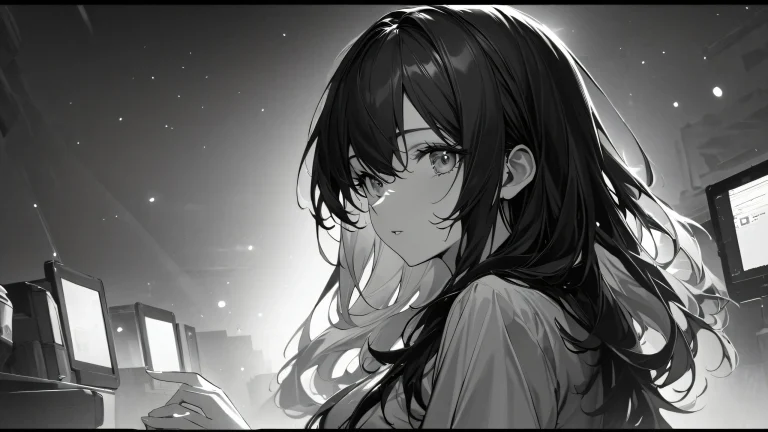 A young girl's face illuminated by soft amber light in a dark greyscale background.