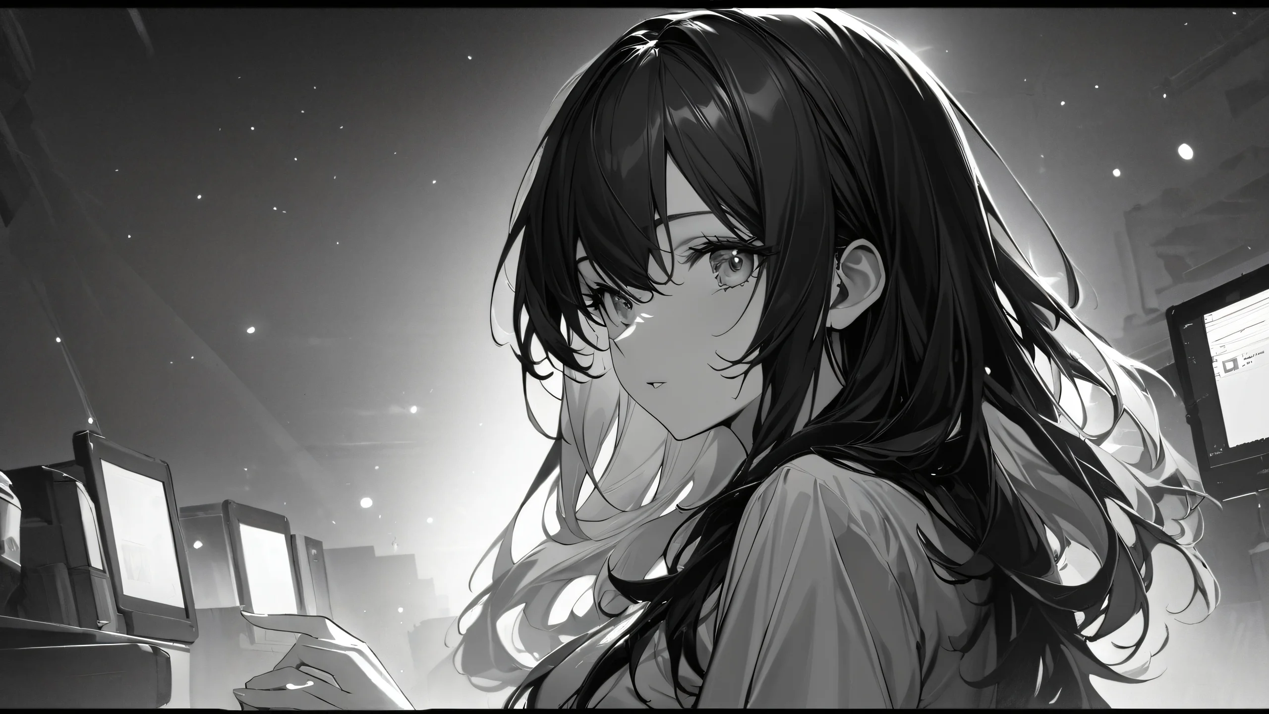 Moonlit Girl Portrait 4K UHD Wallpaper A young girl's face illuminated by soft amber light in a dark greyscale background.