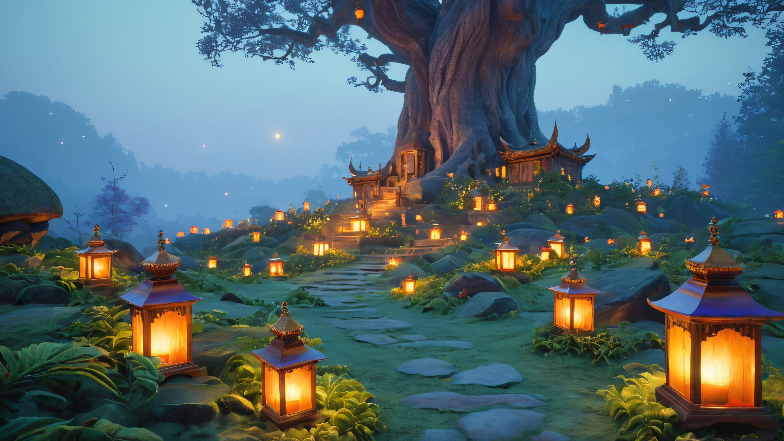 A whimsical gathering of goblins surrounded by mystical tomes and eerie lanterns amidst a foggy forest clearing for your desktop/PC.