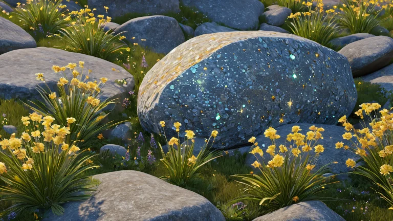 A majestic granite boulder with golden quartz crystals and obsidian stripes on a serene alpine meadow under a star-filled night sky, suitable for desktop/pc backgrounds.