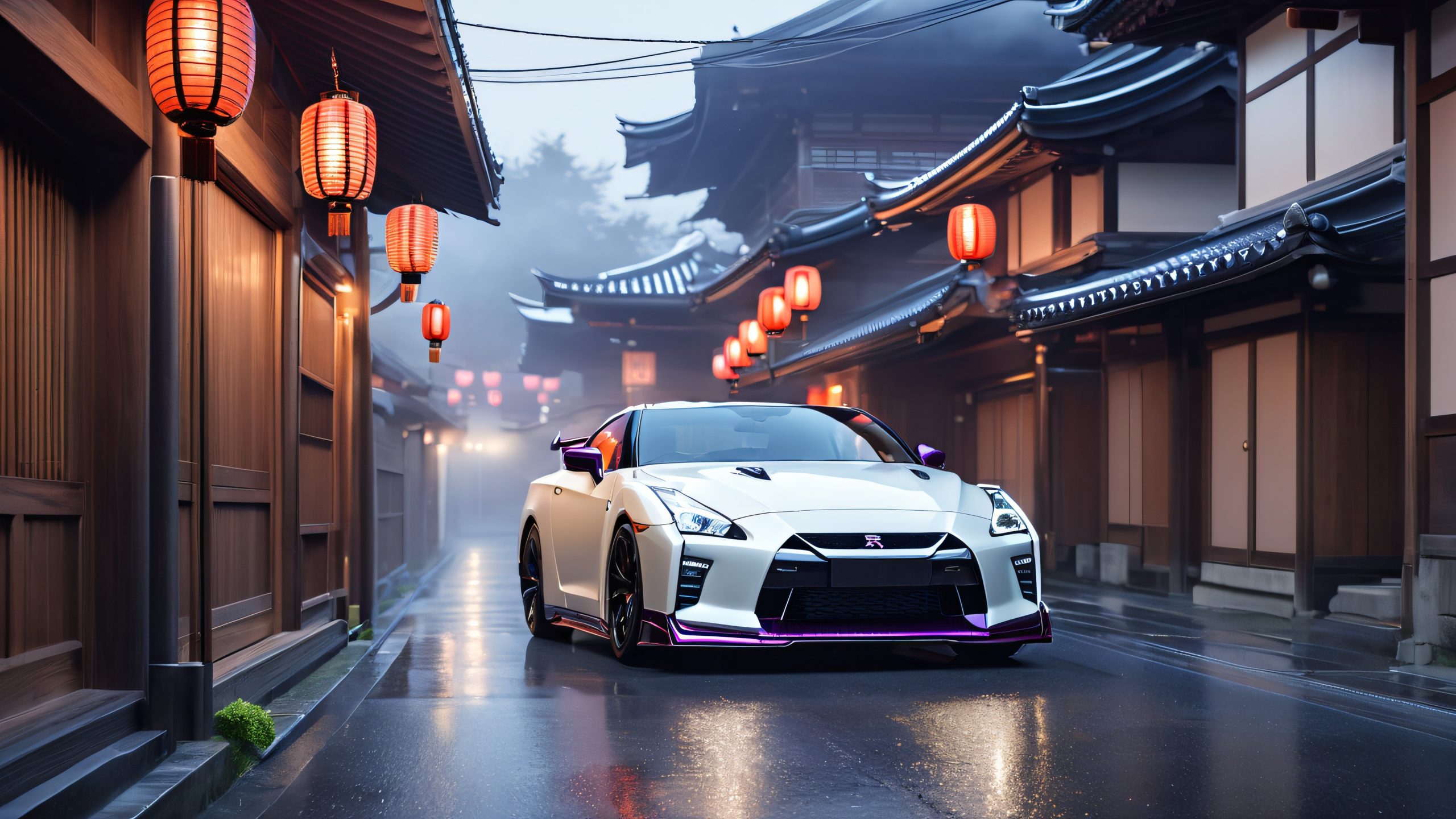 A sleek Japanese sports car, like the Nissan GT-R or Toyota 86, in a misty alleyway on a desktop/pc