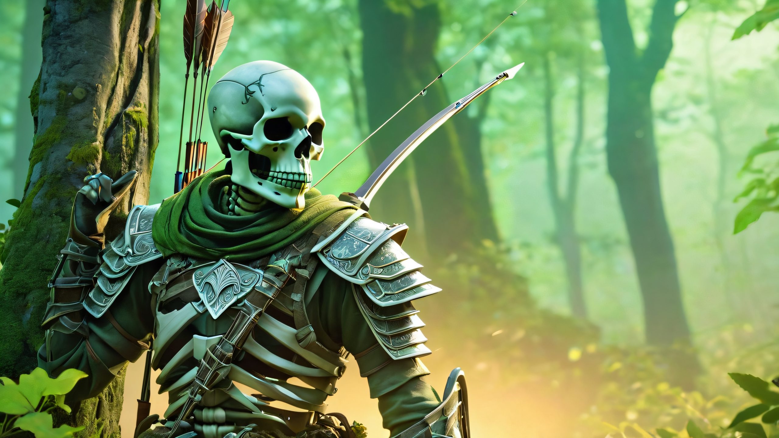 A skeleton archer stands on a ruined stone wall, eyes glowing green, with a misty moonlit forest in the background, suitable for desktop/pc