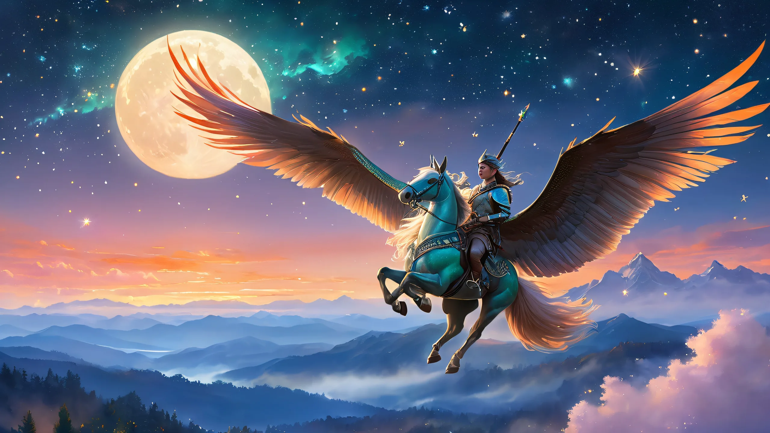 Moonlit Huntress Soars 4K Desktop Wallpaper A majestic winged companion and a lithe hunter in supple leather armor soar through the night sky, surrounded by fireflies and stars, for desktop or PC use.