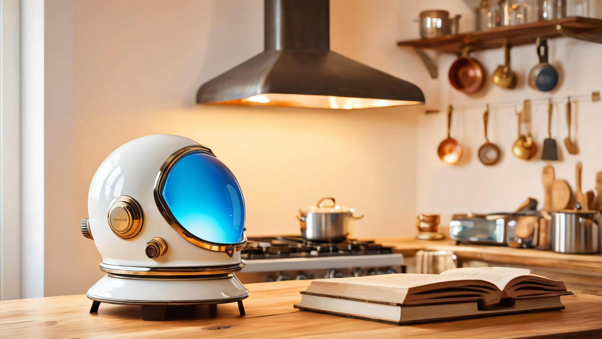 Epic Moonlit Kitchen Odyssey 4K Desktop Wallpaper A restored space helmet sits on a wooden cutting board surrounded by vintage kitchen appliances and soft glow from pendant light. Perfect for desktop/pc.