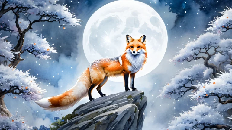 Kitsune fox spirit surrounded by ancient forest and a moonlit garden in watercolor style.