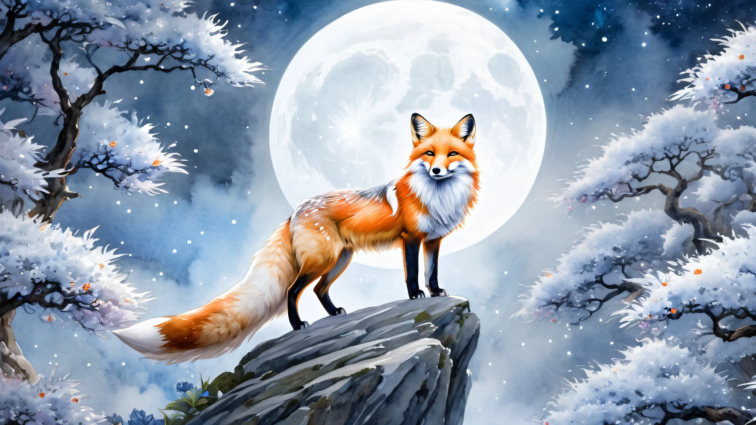 Kitsune fox spirit surrounded by ancient forest and a moonlit garden in watercolor style.