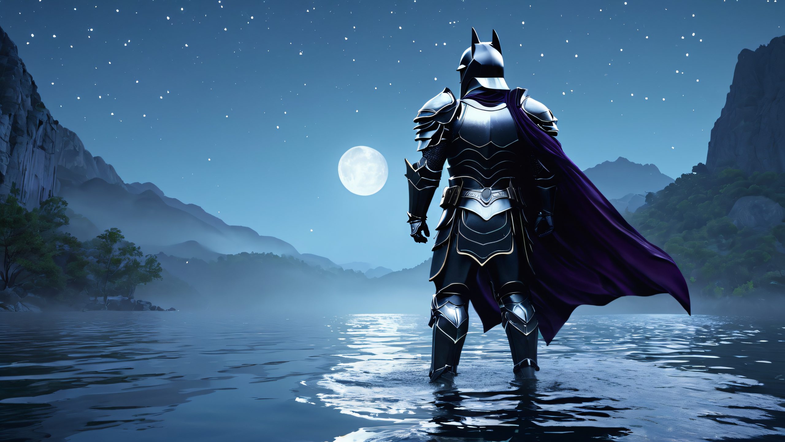 Dark knight's armor stands sentinel on a misty lake shore at night