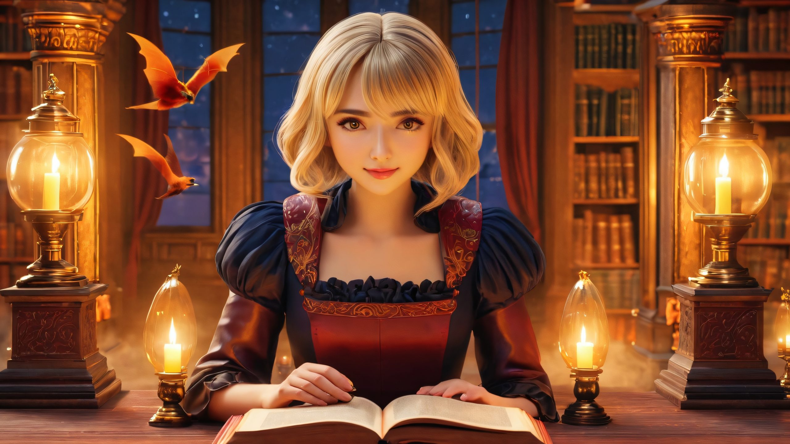 Mysterious librarian surrounded by crimson clouds, moonlight, and ancient tomes on a desktop or PC.