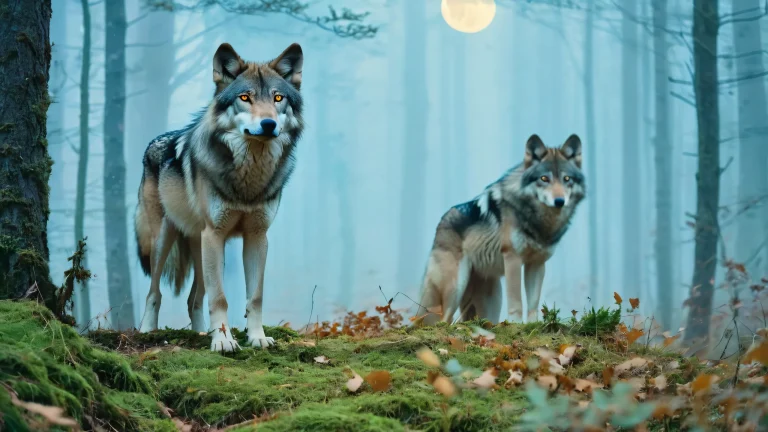 A majestic lupa stands confidently in a misty forest surrounded by towering trees and glowing mushrooms, with the full moon shining bright above.