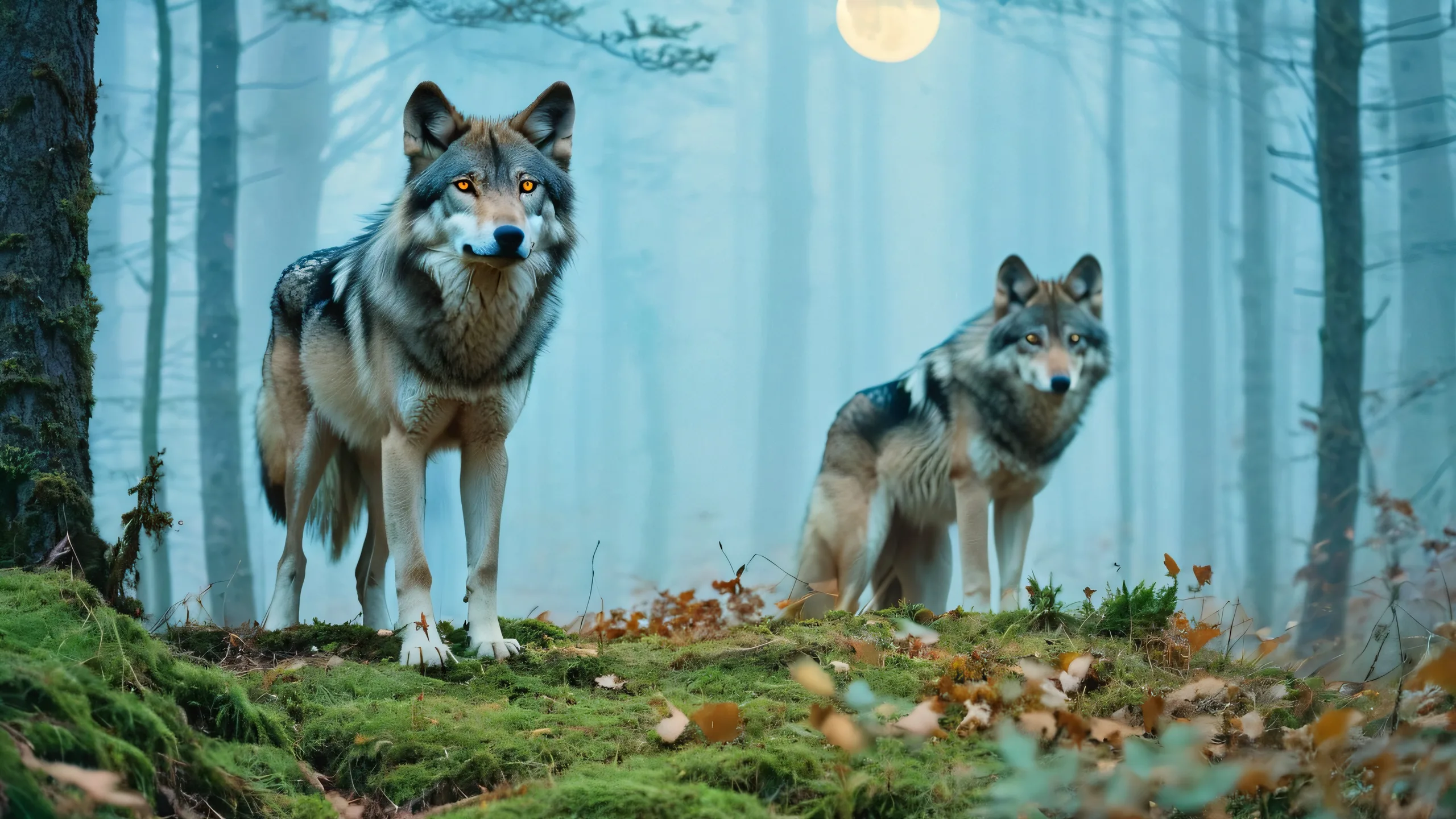 Ultra HD Moonlit Lupa's Whispering Forest Wallpaper A majestic lupa stands confidently in a misty forest surrounded by towering trees and glowing mushrooms, with the full moon shining bright above.