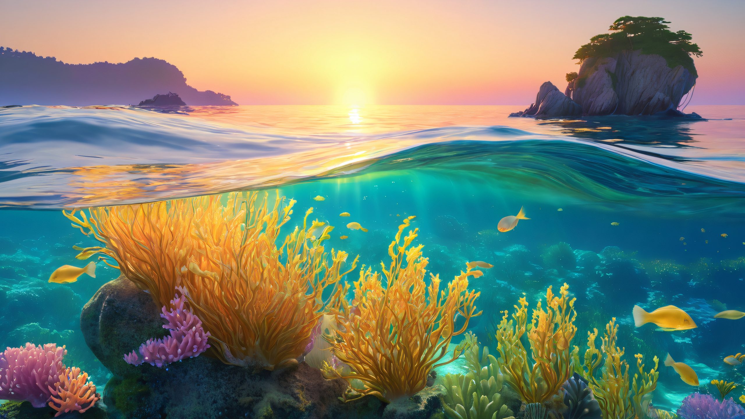 A majestic mermaid perched on a jellyfish-shaped rock formation, surrounded by sea mist and bioluminescent fish, for desktop/pc use