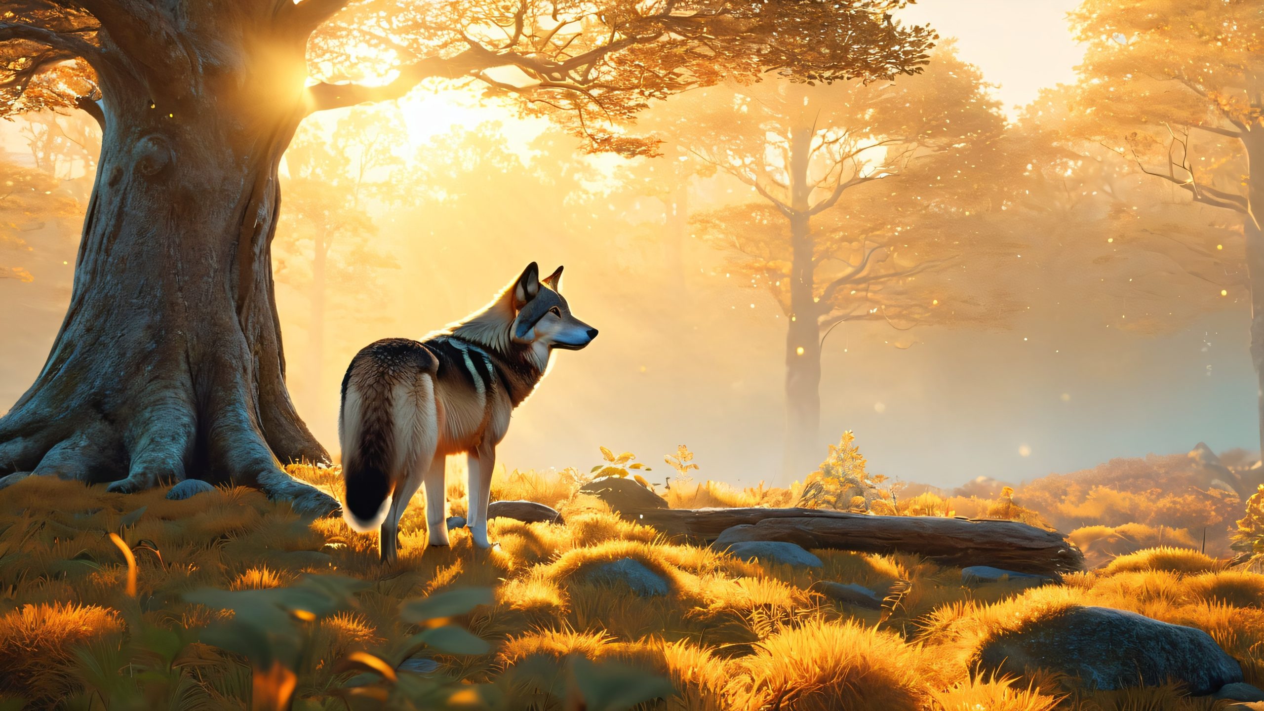 A majestic wolf's fur glistens in the soft golden light of a mystical forest on a desktop or PC.