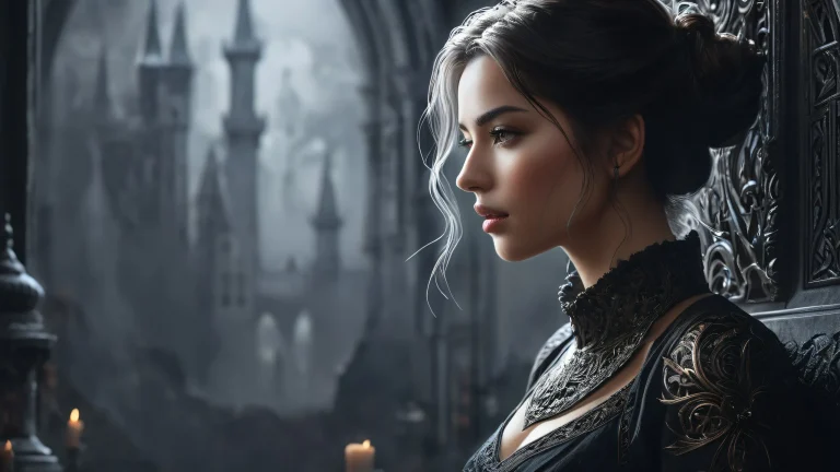 A mystical woman in a dark, monochromatic world with deep shadows and dramatic lighting for a desktop or PC.