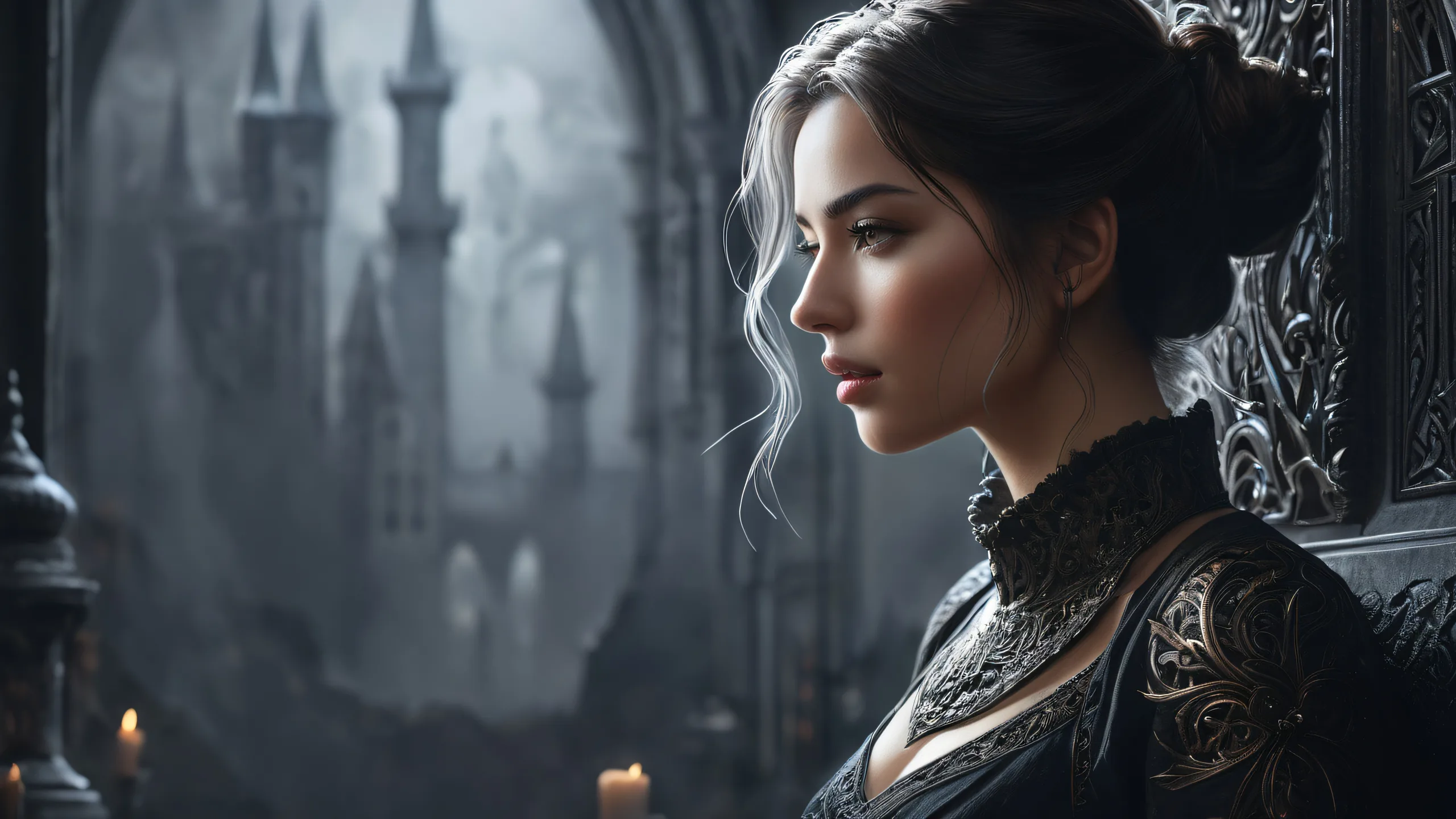 Epic Moonlit Mystic on Black Desktop Wallpaper A mystical woman in a dark, monochromatic world with deep shadows and dramatic lighting for a desktop or PC.