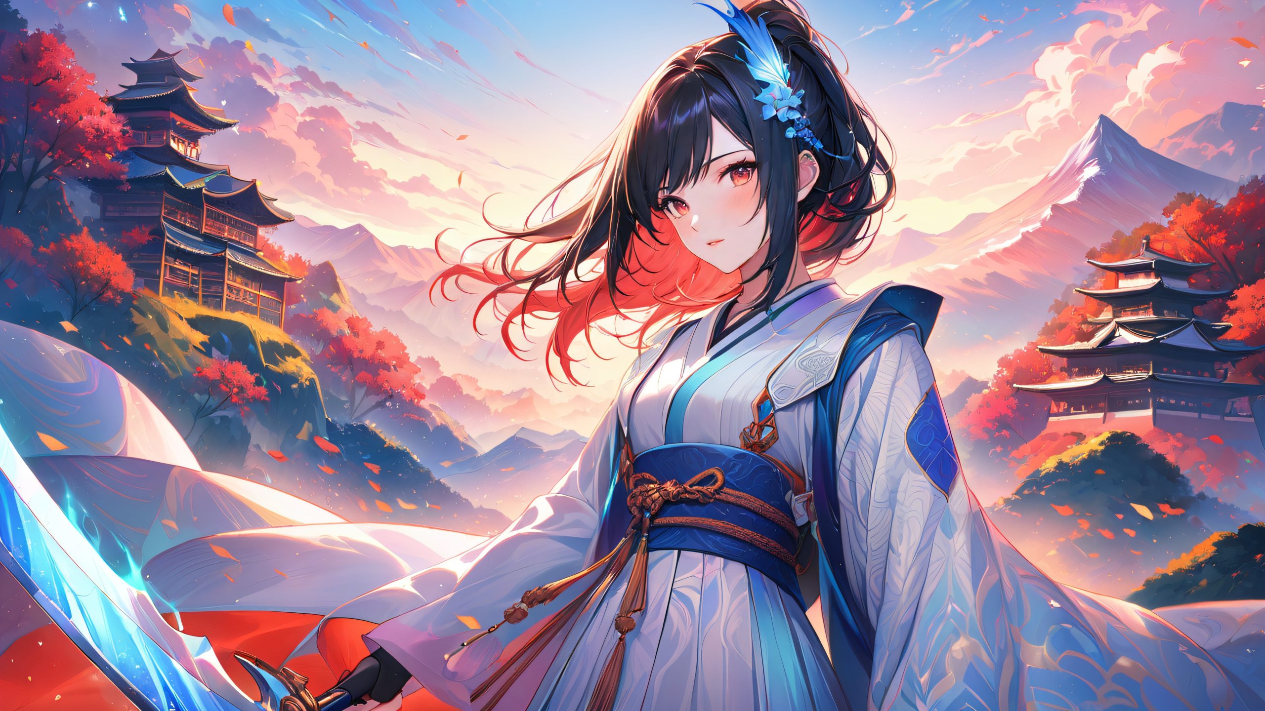 A majestic samurai girl standing proudly in a moonlit landscape, holding a katana and adorned with intricate designs and armor.