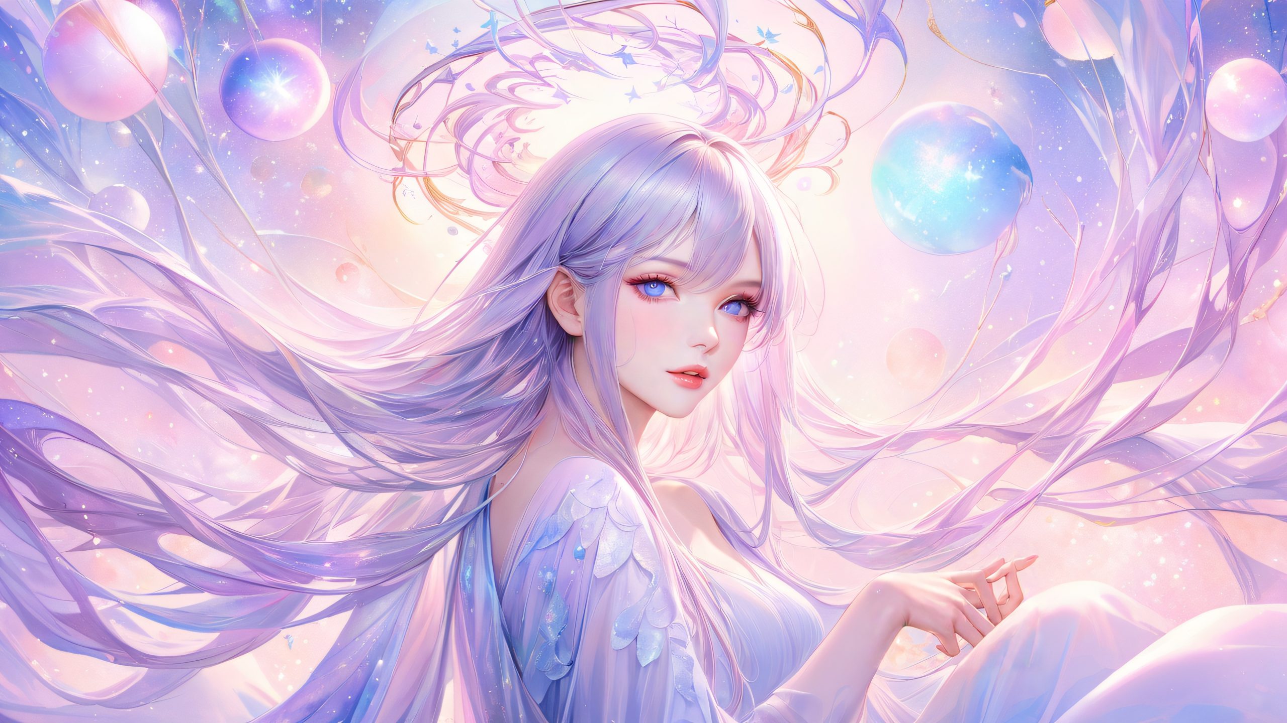 Young woman with silver hair and glowing orbs, surrounded by a serene moonlit garden with trees and soft breeze, suitable for desktop/pc