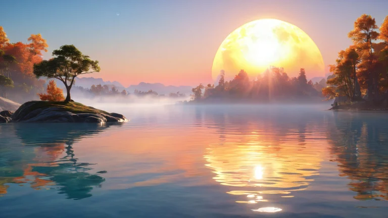 Lone figure basking in the radiant glow of a colossal moon above a glassy lake, with rippling waves and serene atmosphere. Desktop/PC wallpaper.