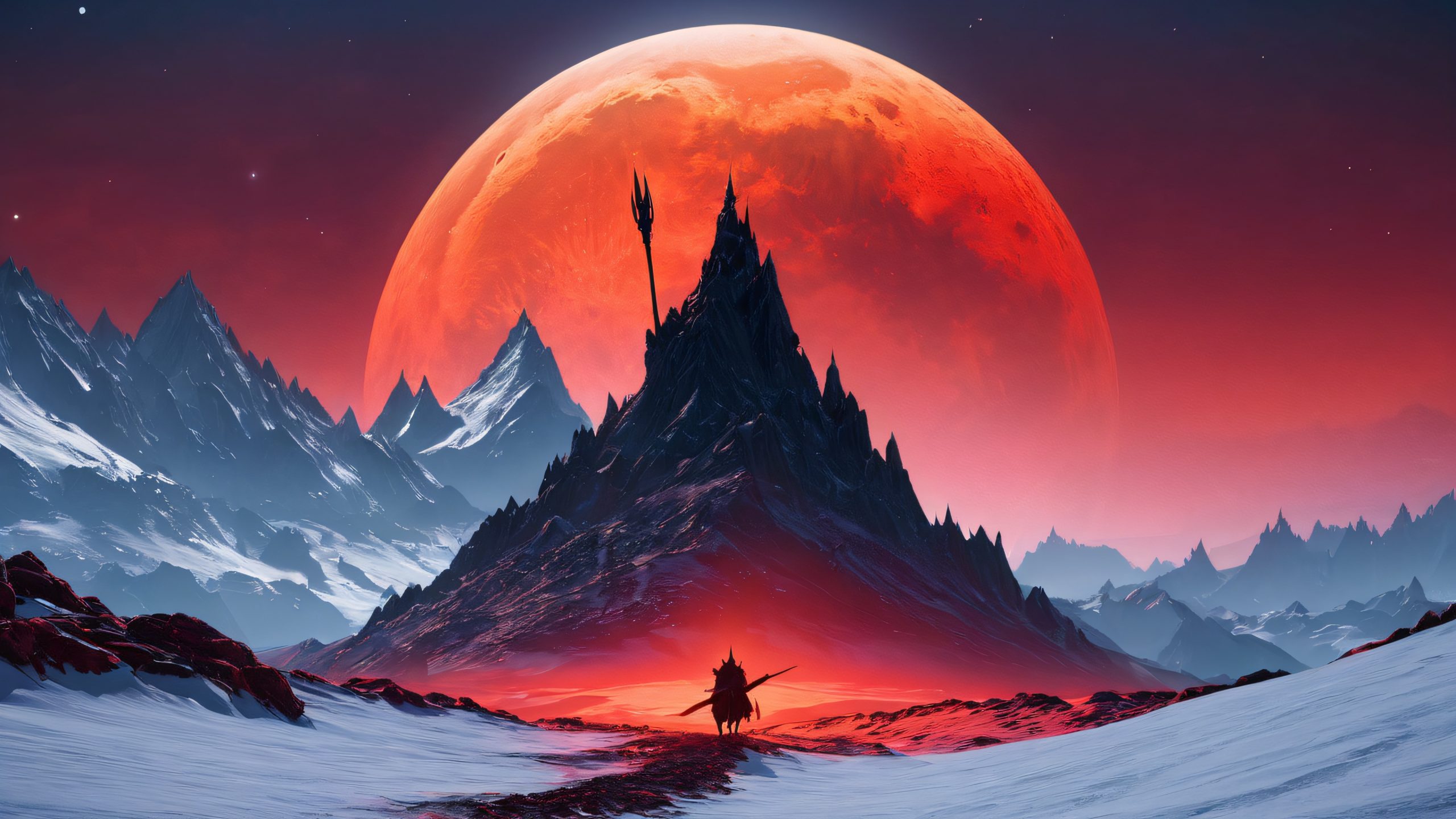 Moonlit Tyrant's Vigil 4K UHD Widescreen The Witch-king of Angmar stands atop a snow-capped mountain, his dark-robed form silhouetted against a blood-red moonlit sky. Desktop/PC.