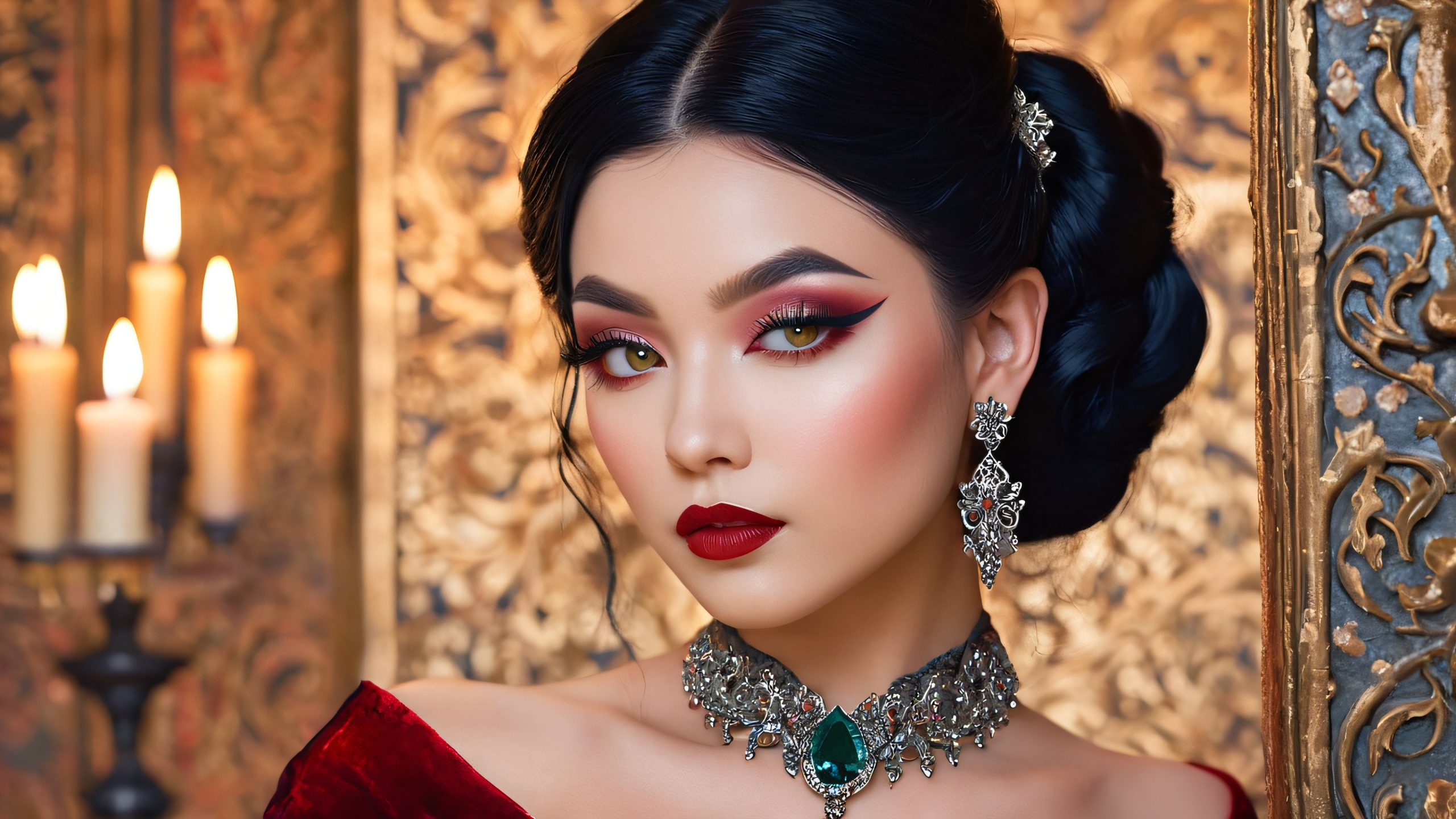 A mysterious vampire with emerald eyes and crimson tattoos in a dimly lit, ornate chamber with ancient tapestries and candelabras, suitable for desktop/PC