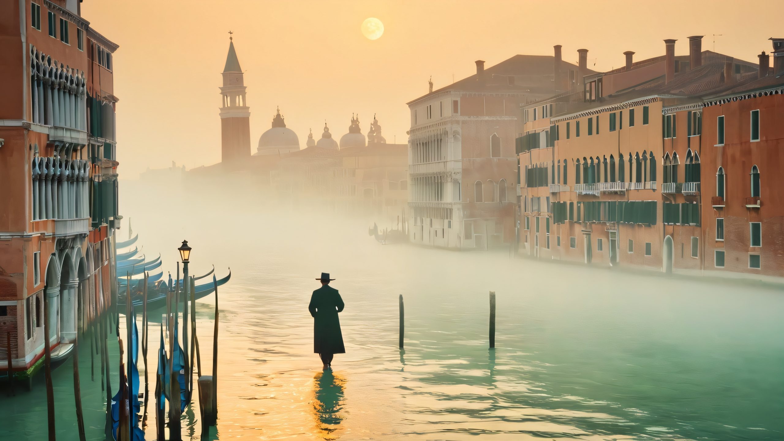 A solitary figure stands by the moonlit canal in Venice, with ornate bridges and Baroque architecture in the background, for desktop/PC use.