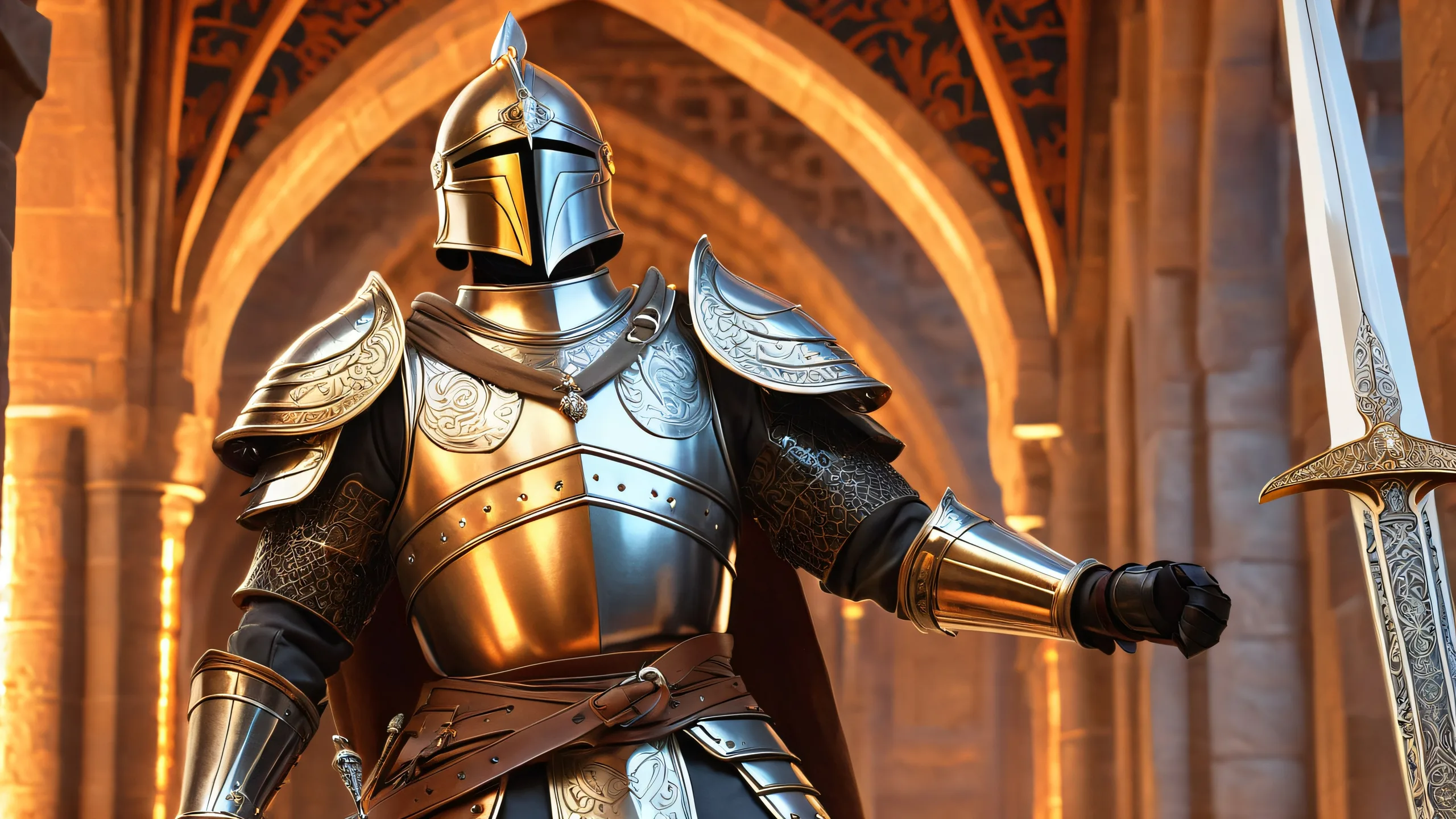 Moonlit Warrior's Oath 4K UHD Widescreen A majestic medieval warrior holds aloft a gleaming zweihander sword on a dimly lit desktop/pc background.