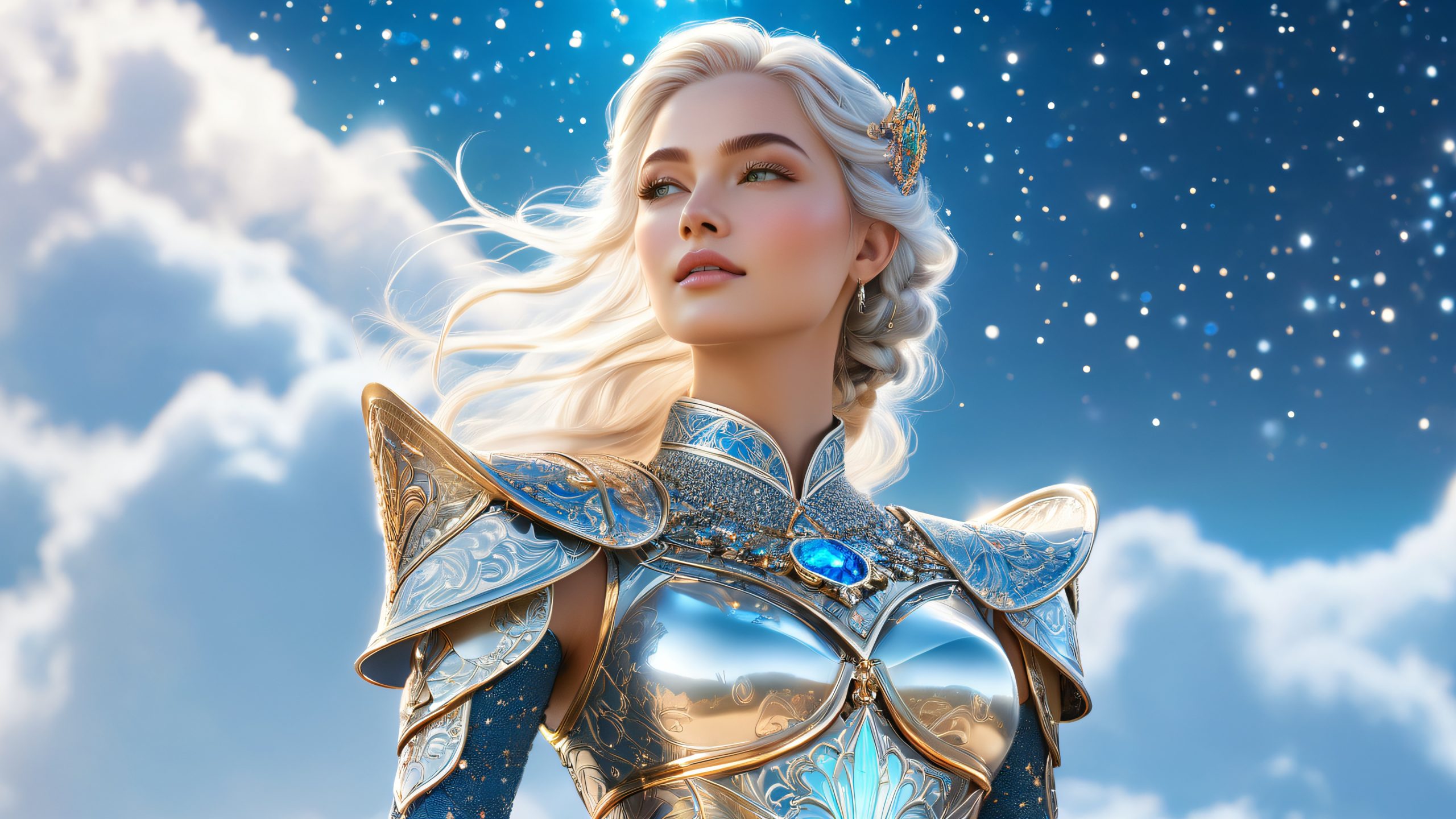 Stunning Moonlit Warrior's Realm 4K Wallpaper A majestic regal figure in ornate armor stands against a dreamlike backdrop of clouds and misty islands on the desktop or PC.