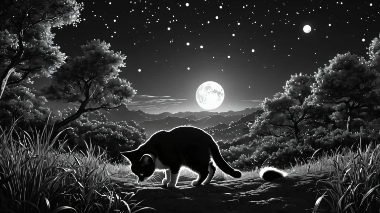 A beautiful monochromatic artwork featuring a cat's whiskers against a stunning night sky with a full moon.