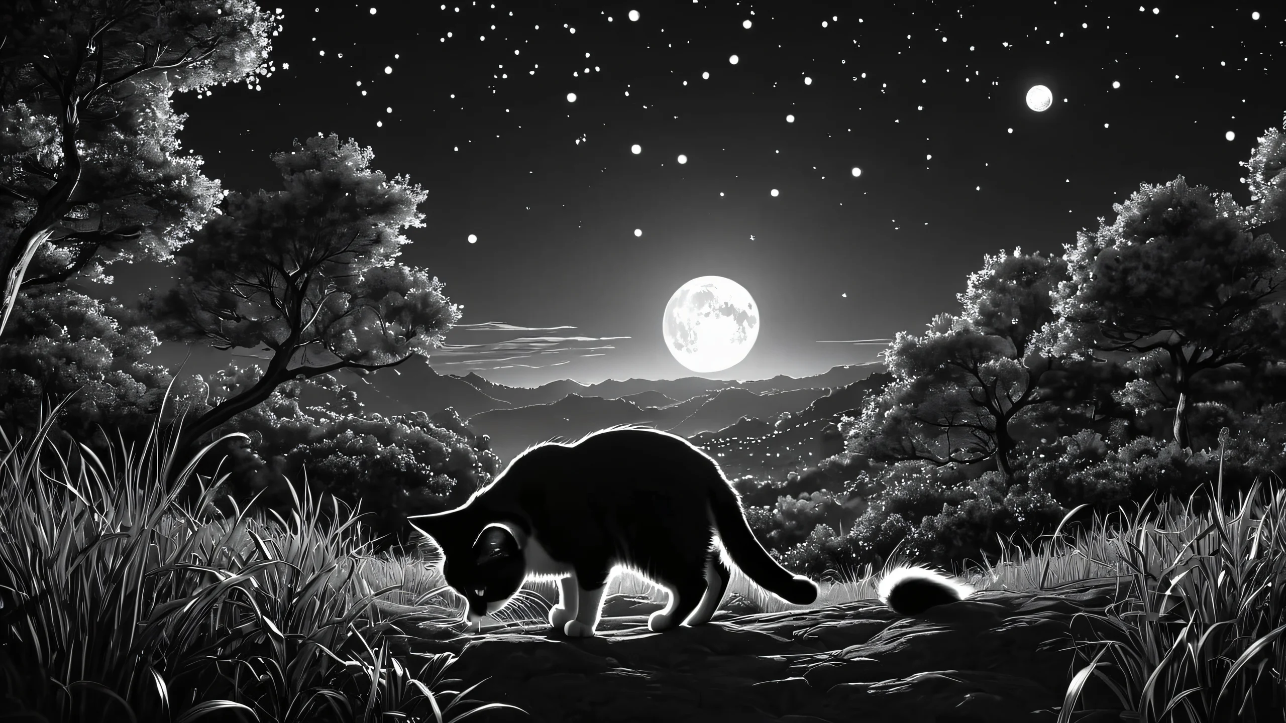 Aesthetic Moonlit Whisker Dreams Background A beautiful monochromatic artwork featuring a cat's whiskers against a stunning night sky with a full moon.