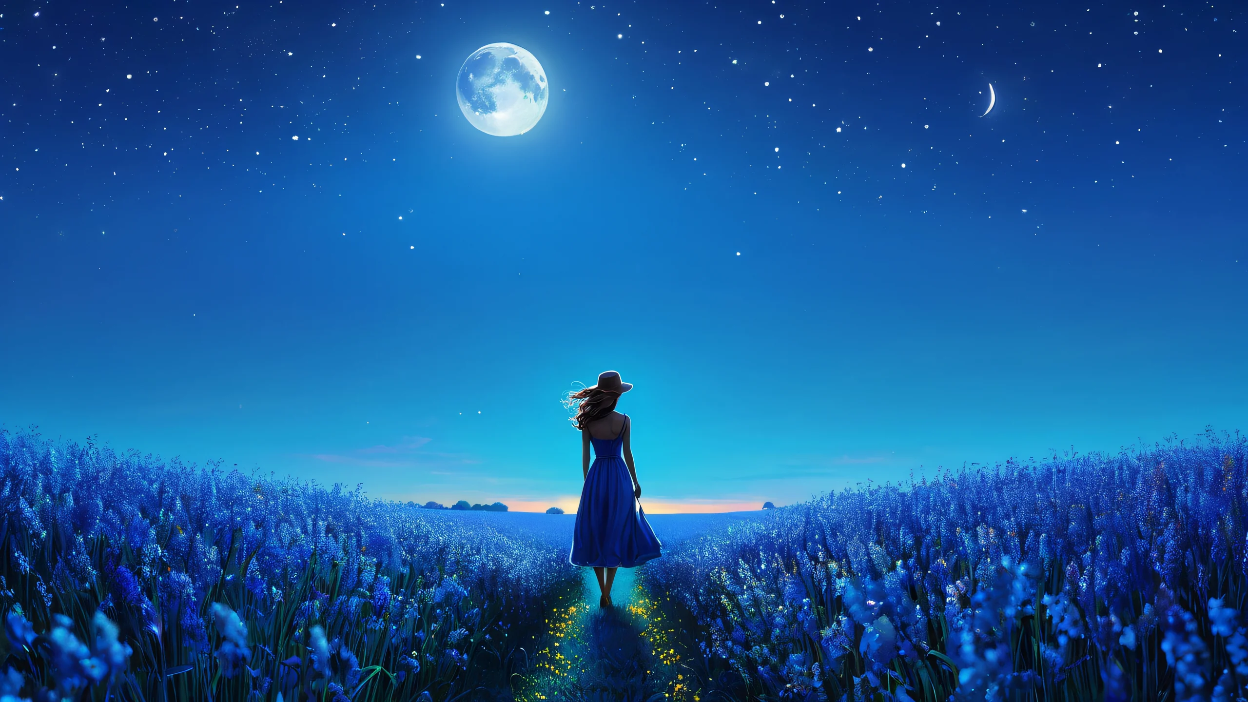 4K Moonlit Whispers in the Field Wallpaper for PC/Mac Woman standing amidst a whimsical moonlit field with vibrant colors