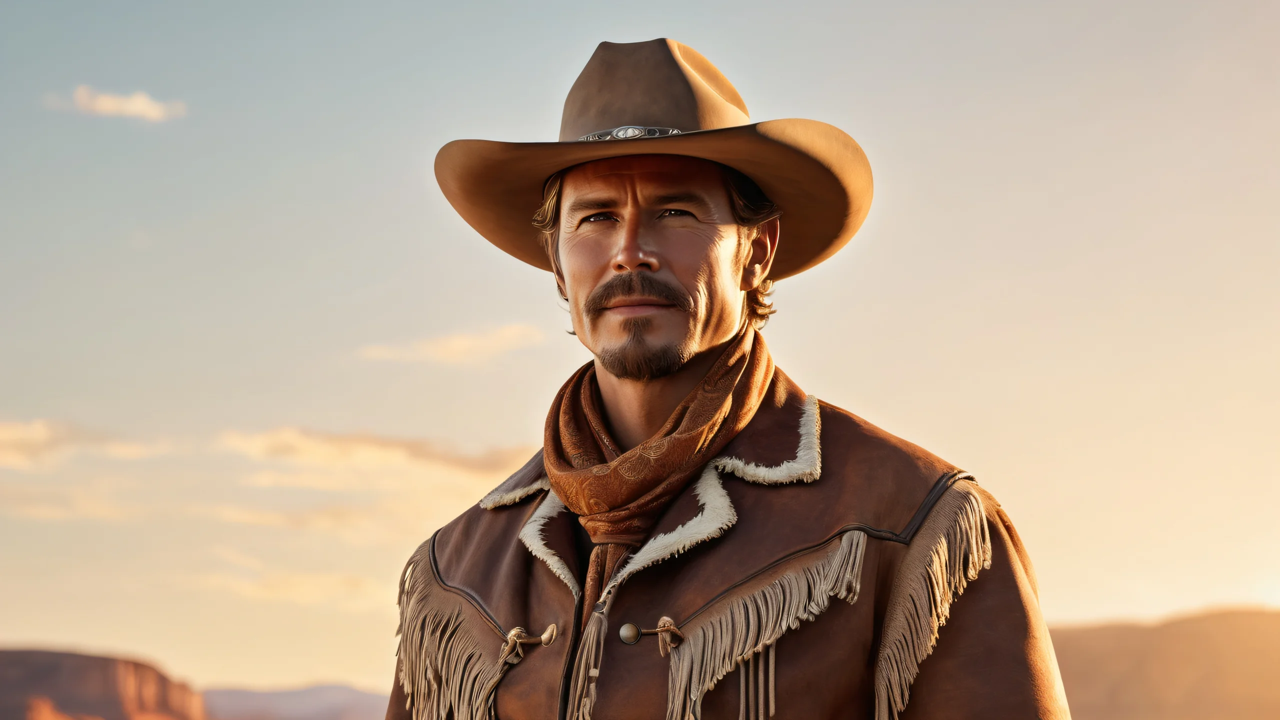 Stunning Moonlit Wild West 4K Wallpaper An illustrative depiction of a cowboy standing tall under the light of a full moon, set against a transparent background with earthy tones.