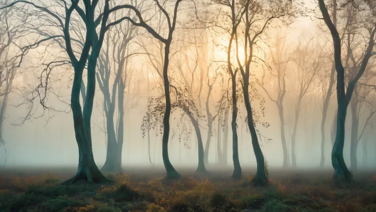 A serene scene of whispering willow trees on a desktop or PC, surrounded by misty forest glade under the soft glow of moonlight.