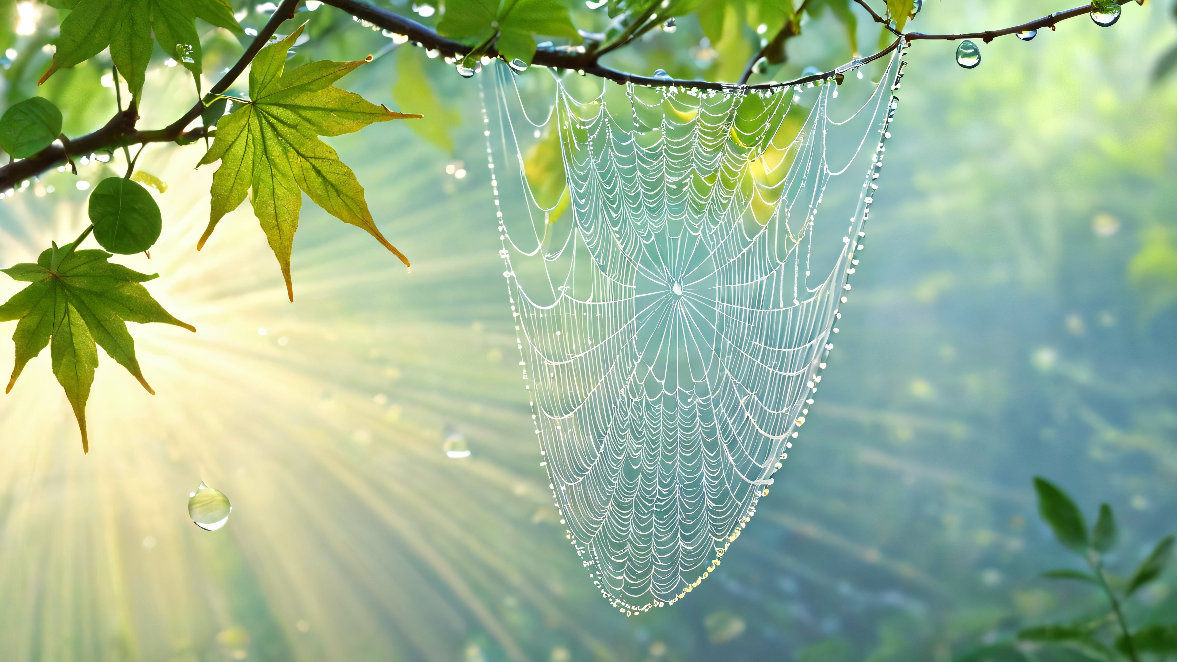A stunning 4K wallpaper of dew drops suspended from a spider's web, glistening with tiny rivulets and morning sunlight.