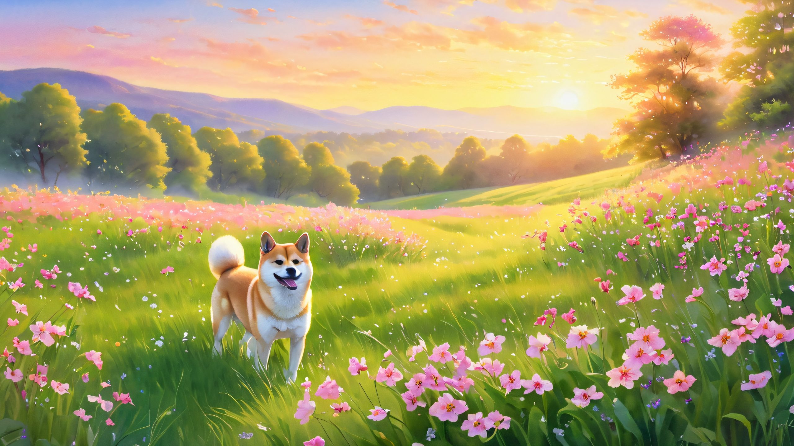 Delicate shiba inu flowers bloom on a serene, sun-drenched desktop meadow, surrounded by emerald green grass and playful shiba inus, with distant wispy clouds and the hum of nature's symphony, suitable for PC Desktop.