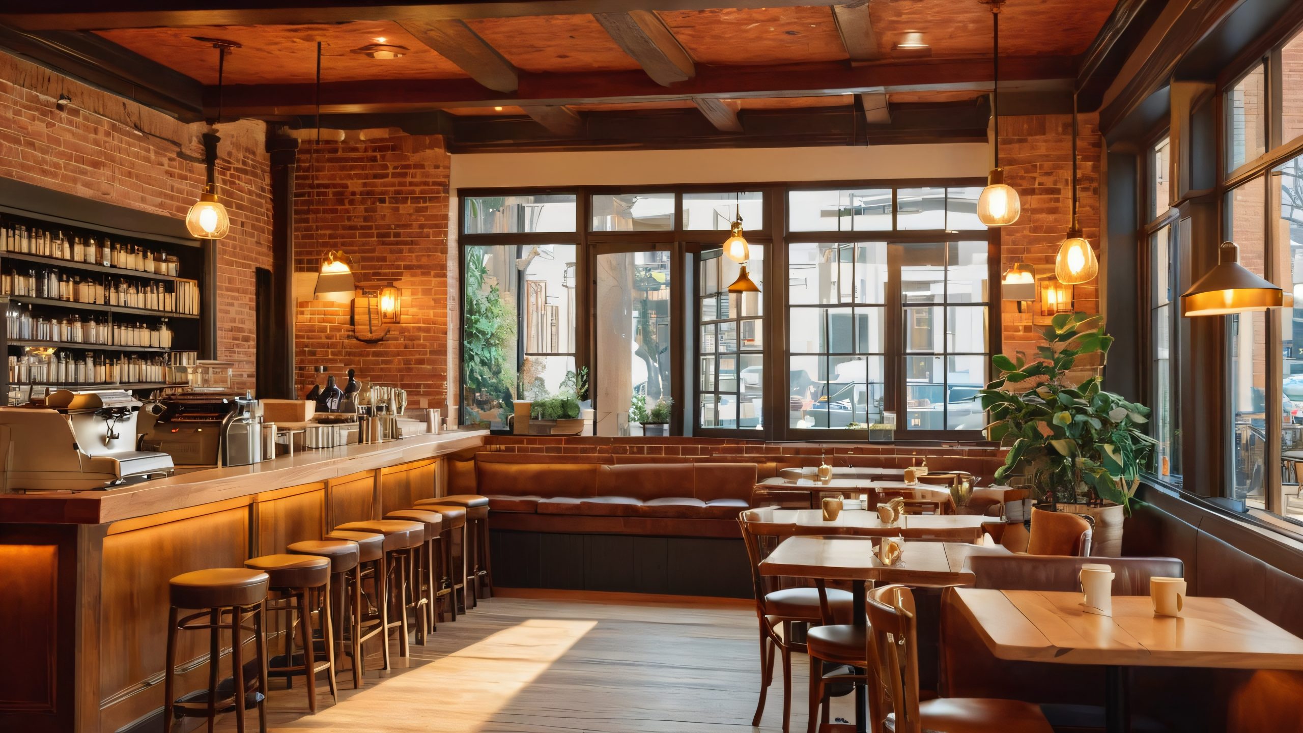 A cozy coffee shop interior with patrons sipping lattes, surrounded by books and papers, perfect for a desktop or PC background.