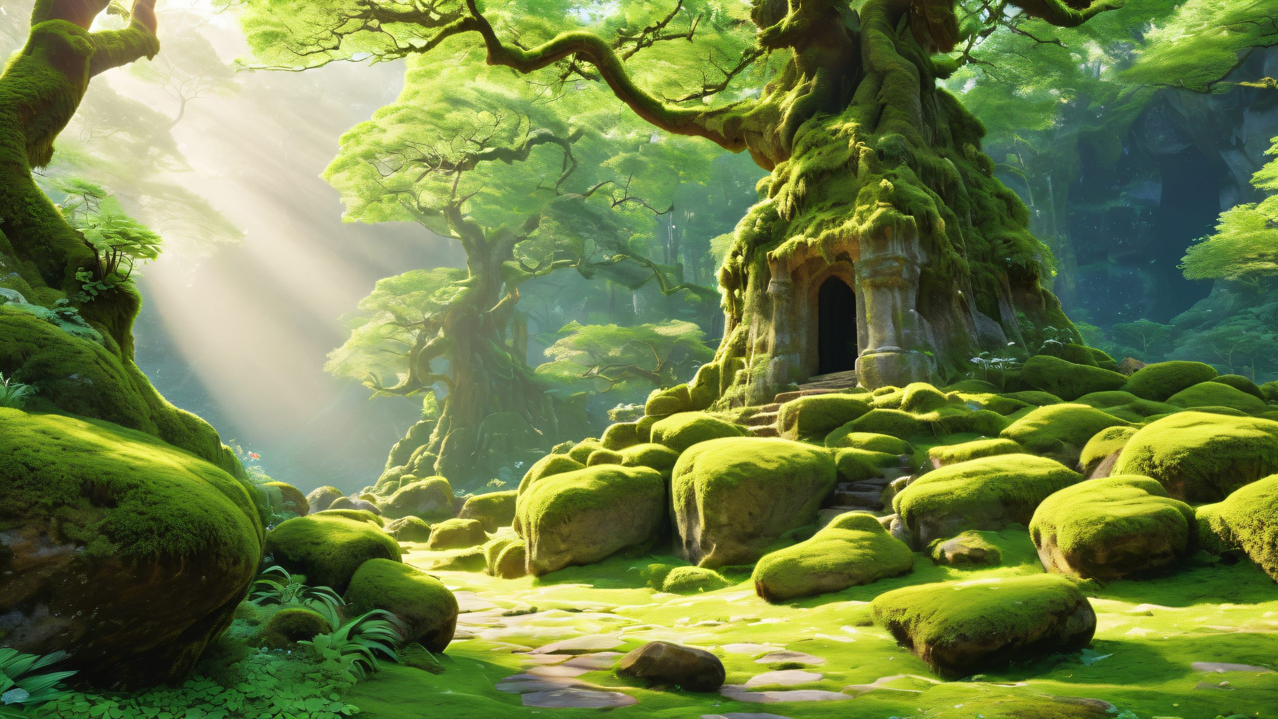 Aesthetic Mystic Forest Sanctuary Background A serene ancient forest with moss-covered trees, glowing vines, and misty atmosphere.