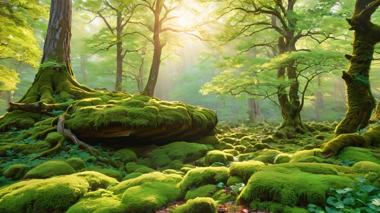 moss covered stone giant forest glade dawn light wallpaper scaled