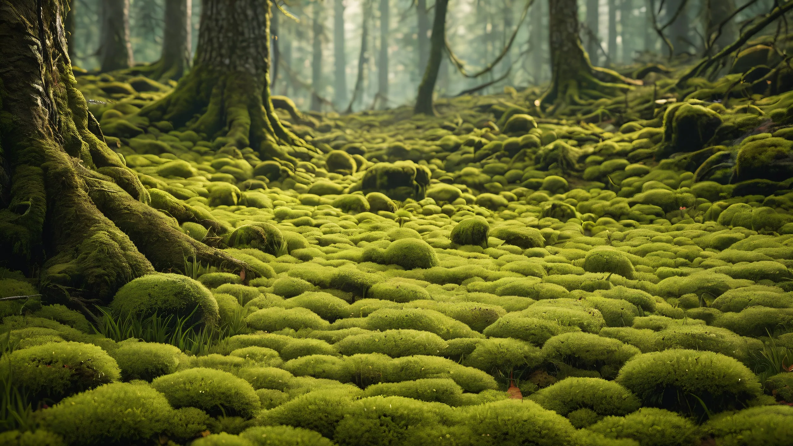 Ethereal Forest Sanctuary 4K UHD Wallpaper Breathtaking desktop wallpaper of a moss-covered forest floor for your PC or Desktop. Organic realism and soft sunbeams create a peaceful atmosphere.
