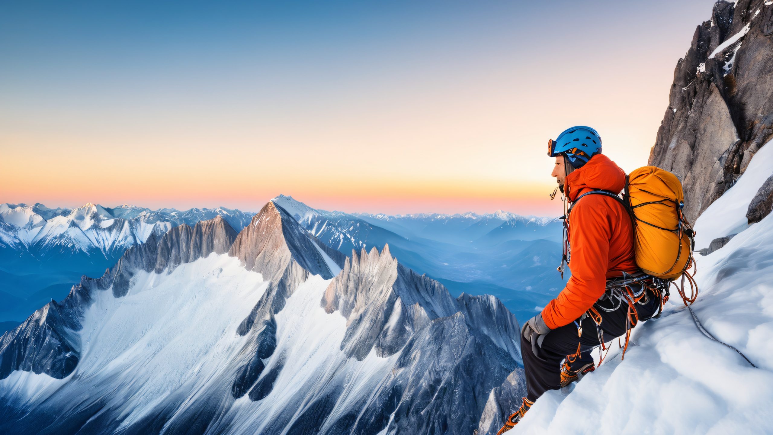 Climber standing at the edge of a mountain precipice, harness attached to rope, with snow-capped peaks and misty valleys in the distance, for desktop/pc