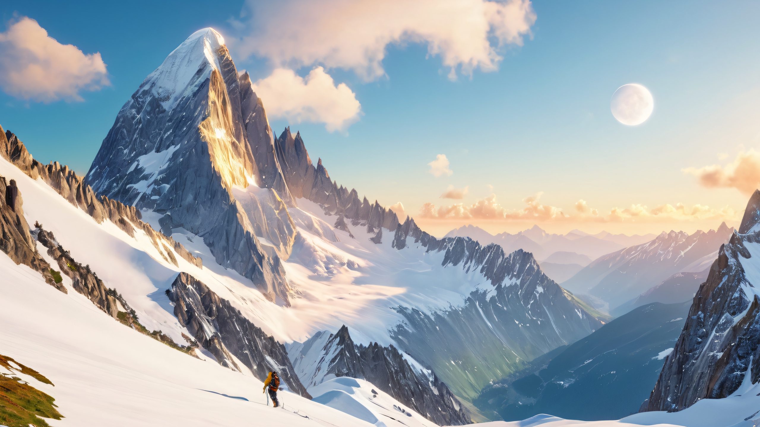 Majestic mountain range with mountaineers on desktop/pc background