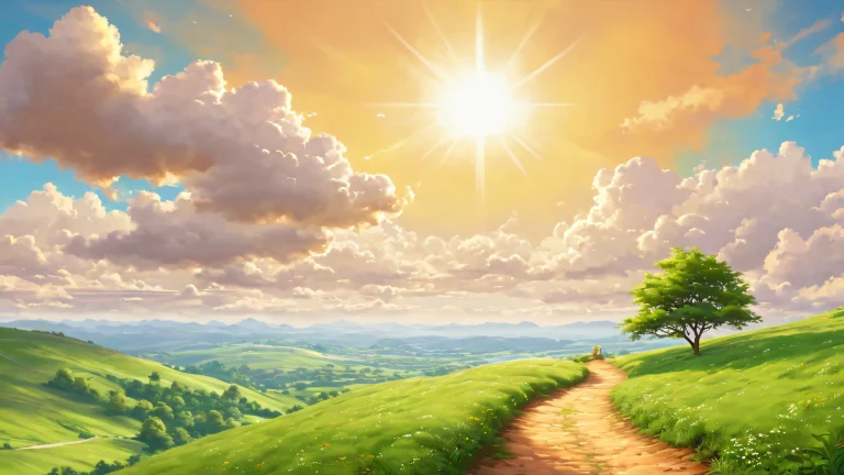 A serene mountain meadow scene with lush green and brown grasses and a bright blue sky filled with puffy white clouds.