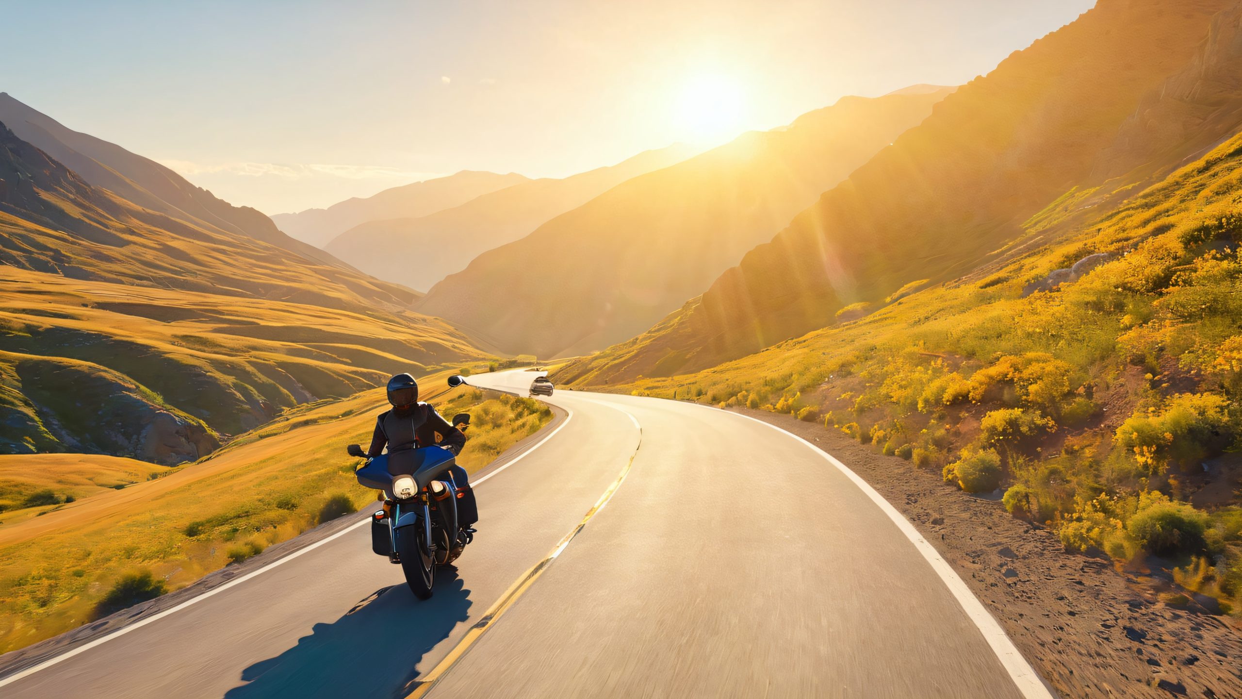 A scenic mountain road with a lone motorcycle speeding down the asphalt, leaving a trail of dust, and a hint of sunlight glinting off the rider's helmet on a desktop or PC.