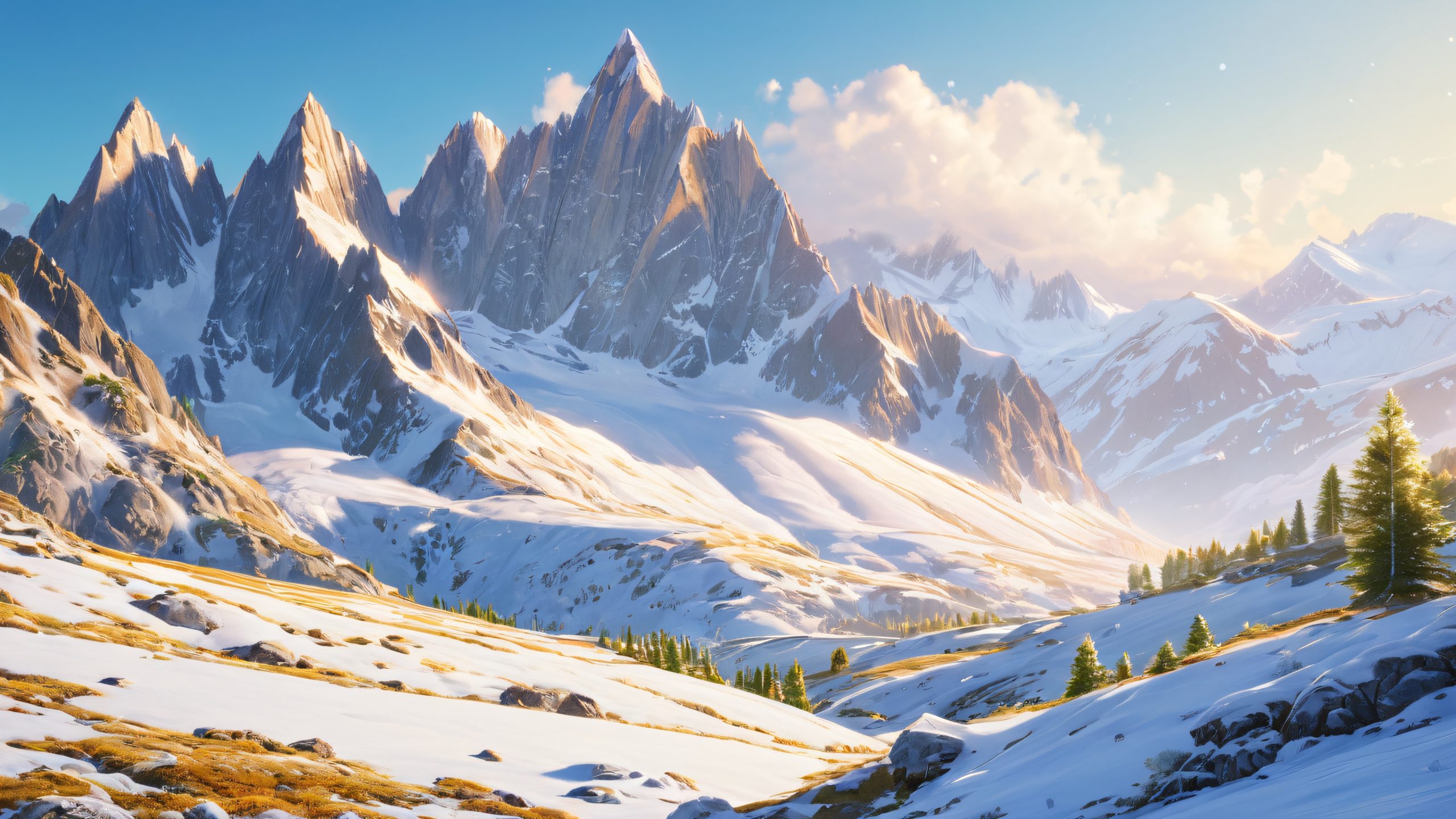 A majestic mountain range with pristine white snow and towering peaks in warm daylight.
