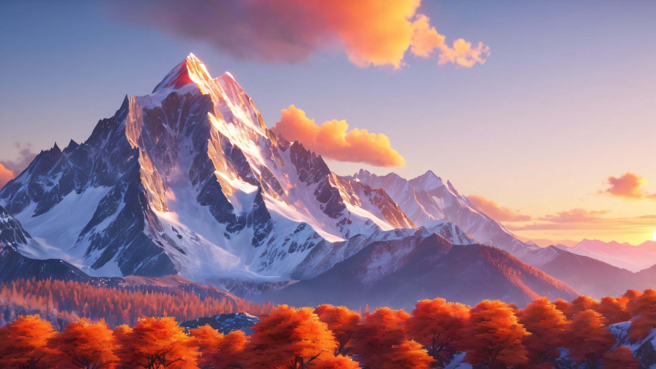Mountain Sunset Masterpiece 4K Desktop Wallpaper A serene mountain valley at sunset, with a majestic peak rising from wispy clouds and surrounded by towering peaks and dense forests.