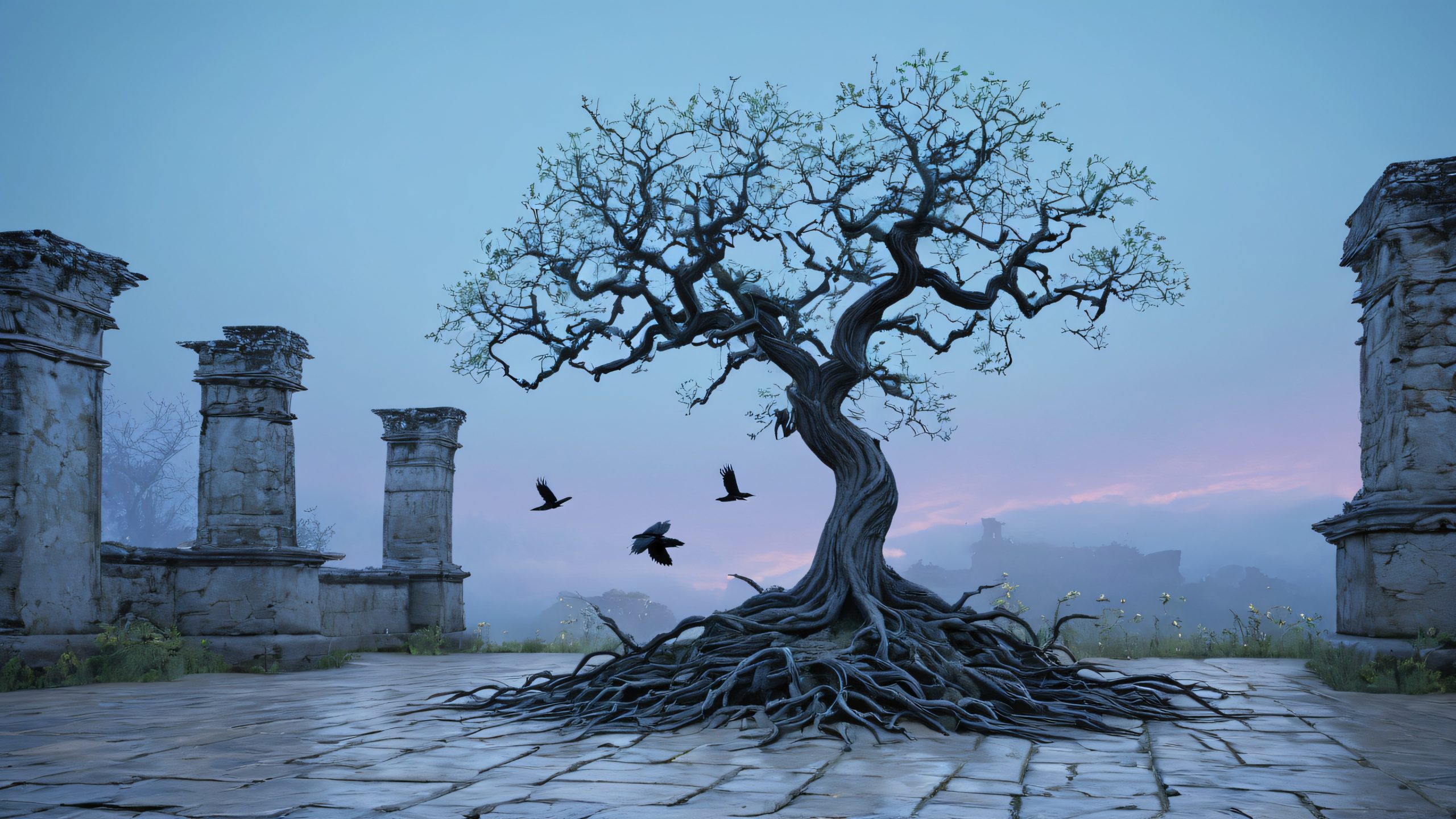 A majestic murder of crows gathers around a glowing portal in an ancient, crumbling courtyard, surrounded by misty fog, for a desktop or PC.