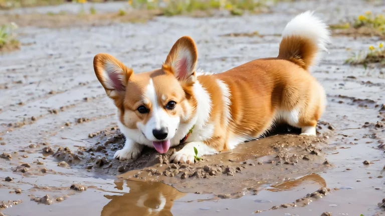 A small corgi lying in a muddy puddle on your desktop/pc, with legs splayed out and ears flapping wildly as if trying to dry off.