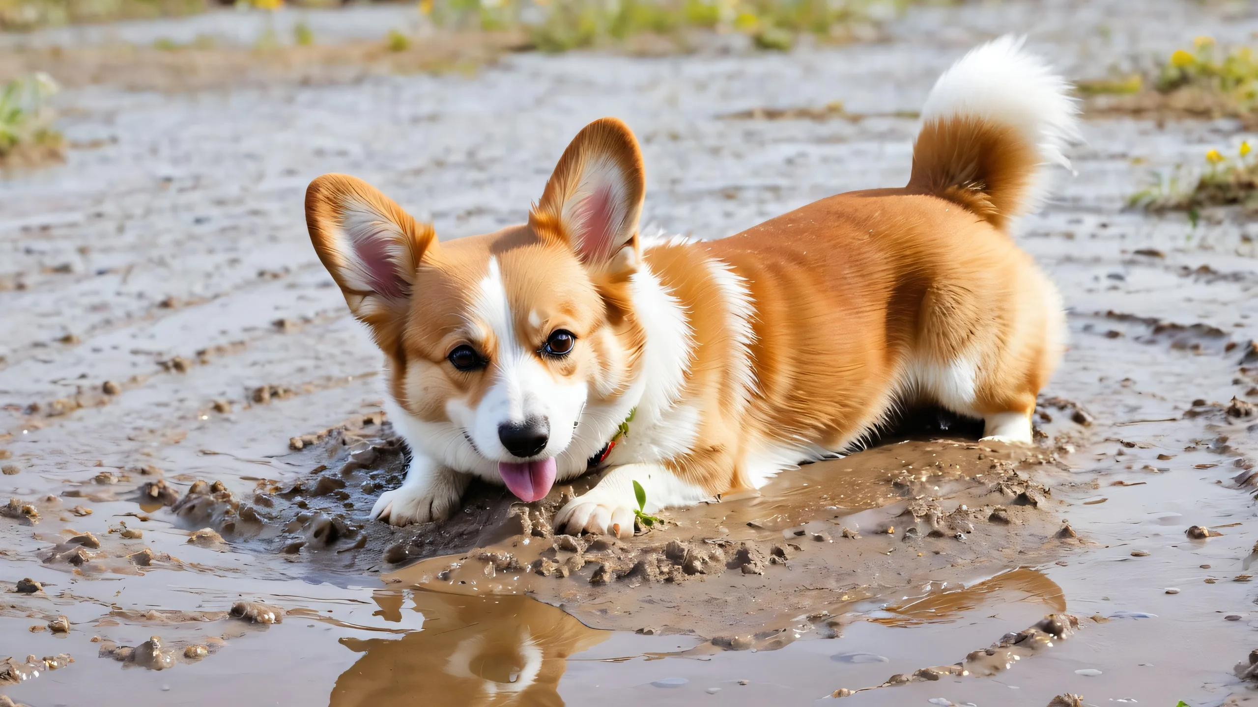4K Muddy Corgi Bliss Wallpaper for PC/Mac A small corgi lying in a muddy puddle on your desktop/pc, with legs splayed out and ears flapping wildly as if trying to dry off.